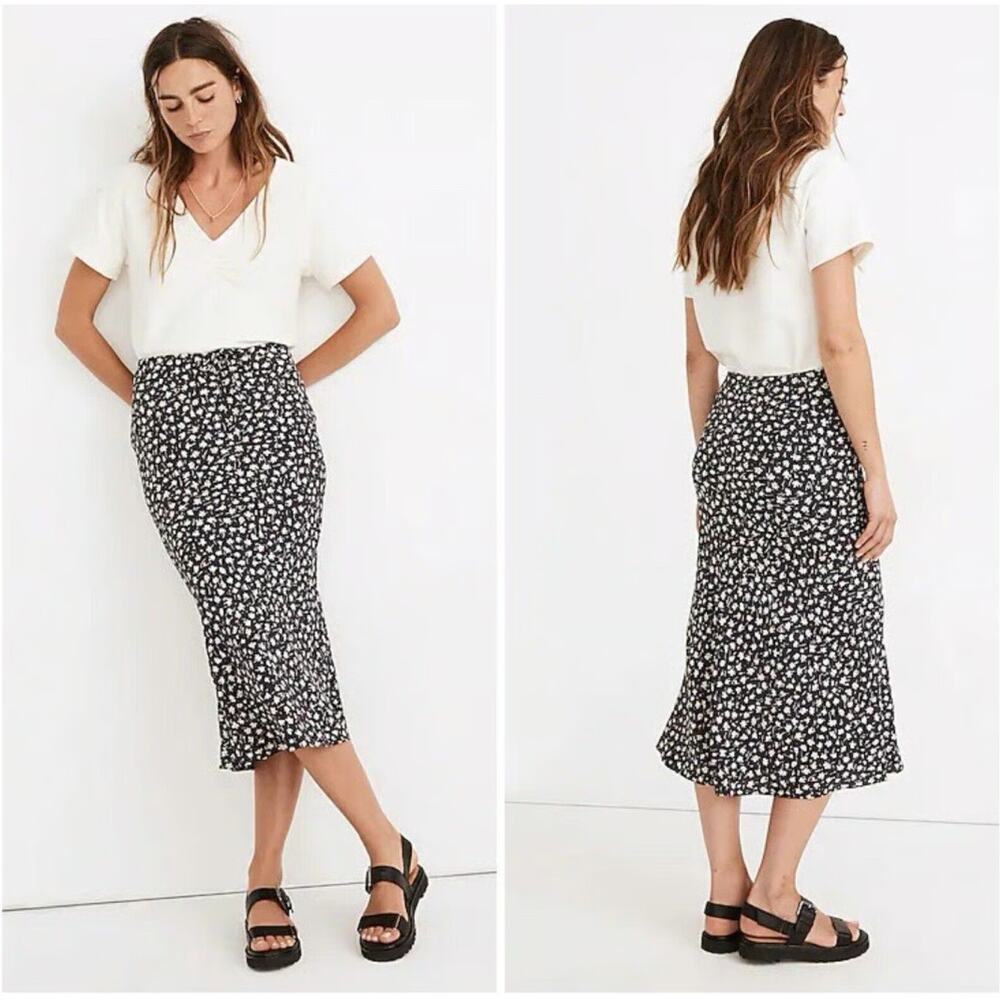 Madewell Floral Midi Skirt Drawstring Flowy Slip Women Size 0 Navy Blue